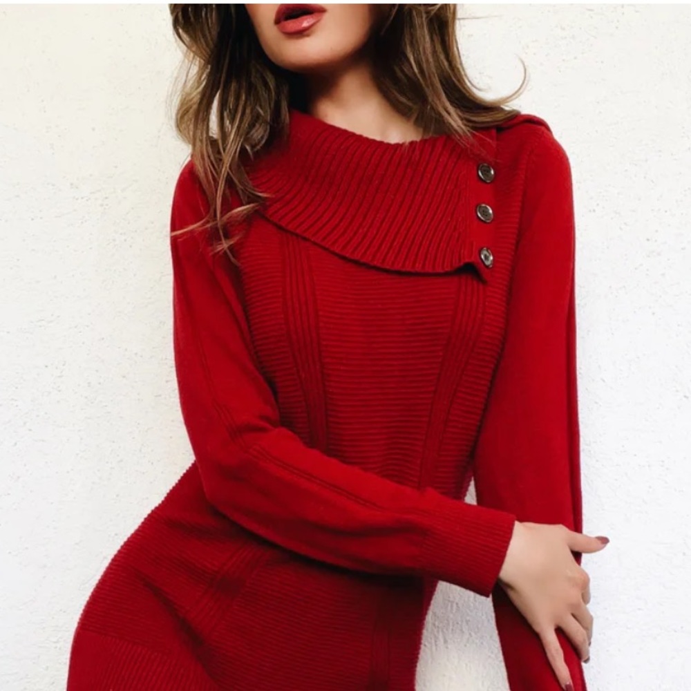 Style & Co, Red Cowl Neck Cotton Blend Hip Length Long Sleeve Sweater